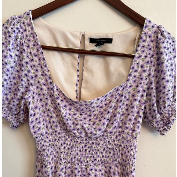 Forever 21 Floral Mini Dress Purple Puff Sleeve Smocked Waist Square Neck Size S - Picture 3 of 10